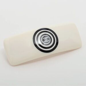 CHANEL Cream Hair Clip with Black and White Logo